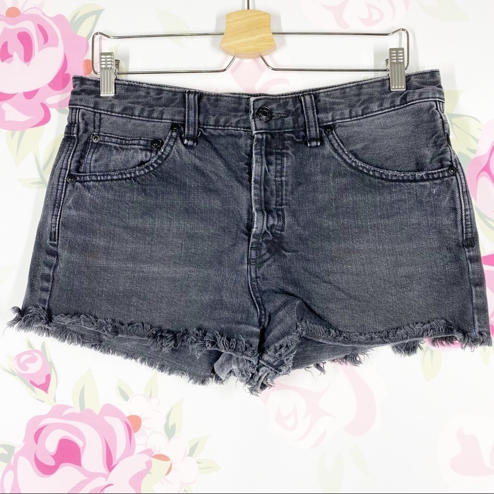 Free People Black Washed Distressed High Rise Button Fly Denim Jean Shorts 29